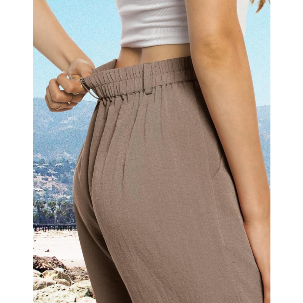 Light Tan Casual Wide Leg Pants High Waisted Button Down Straight Long Trousers - Picture 3 of 7